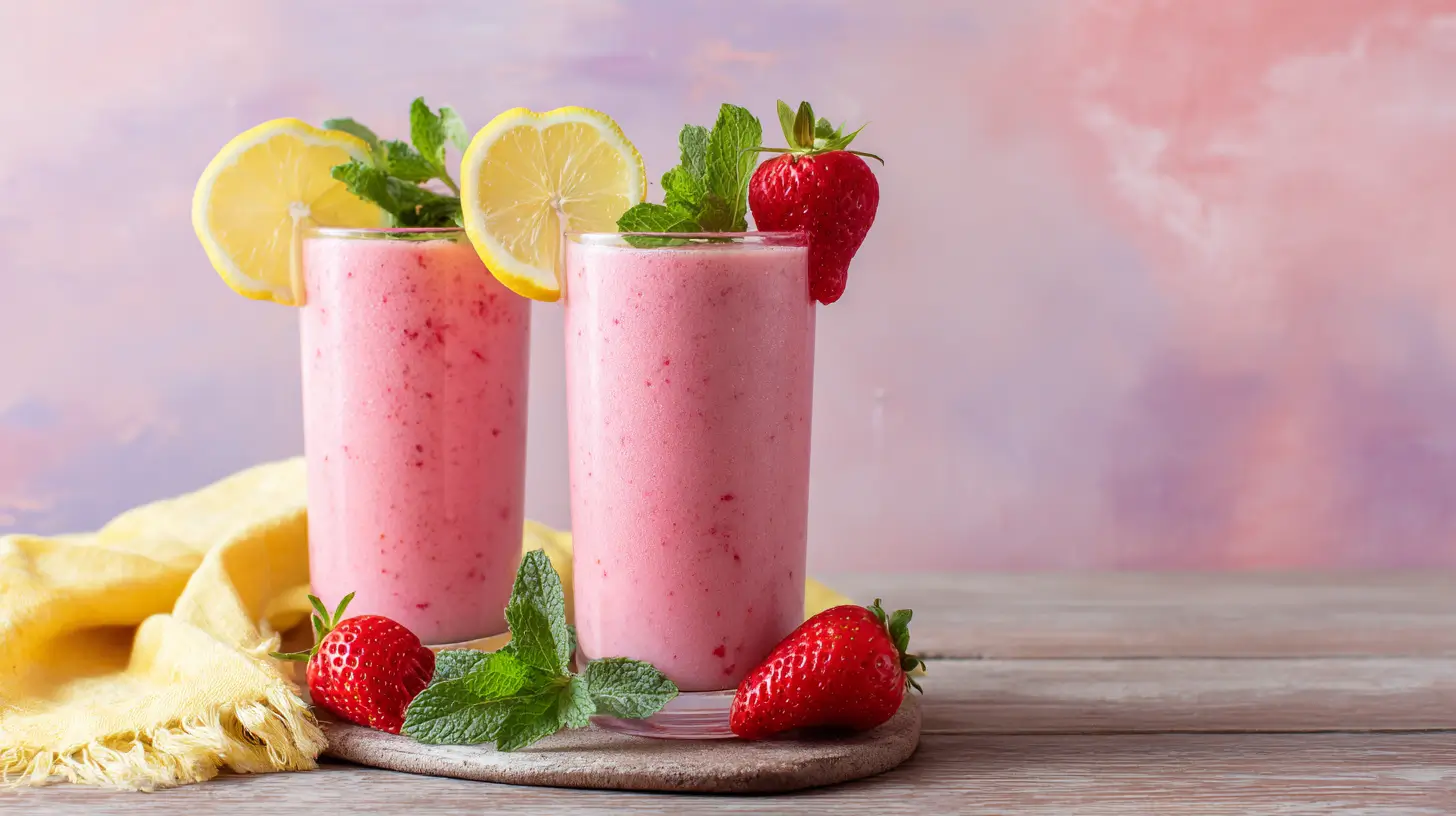 Strawberry lemonade smoothie in tall glasses with fruit garnish