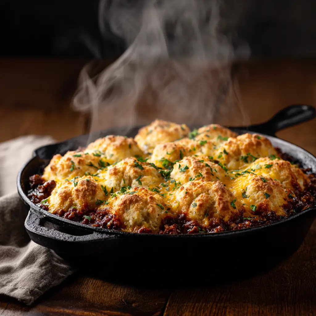 Cheddar Bay Ground Beef Cobbler in skillet