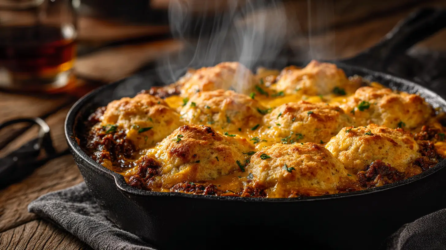 Cheddar Bay Ground Beef Cobbler in skillet