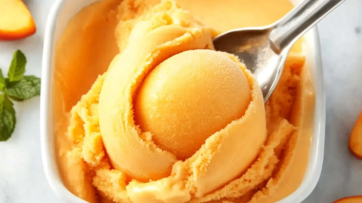 Peach sorbet in a bowl with fresh peach slices
