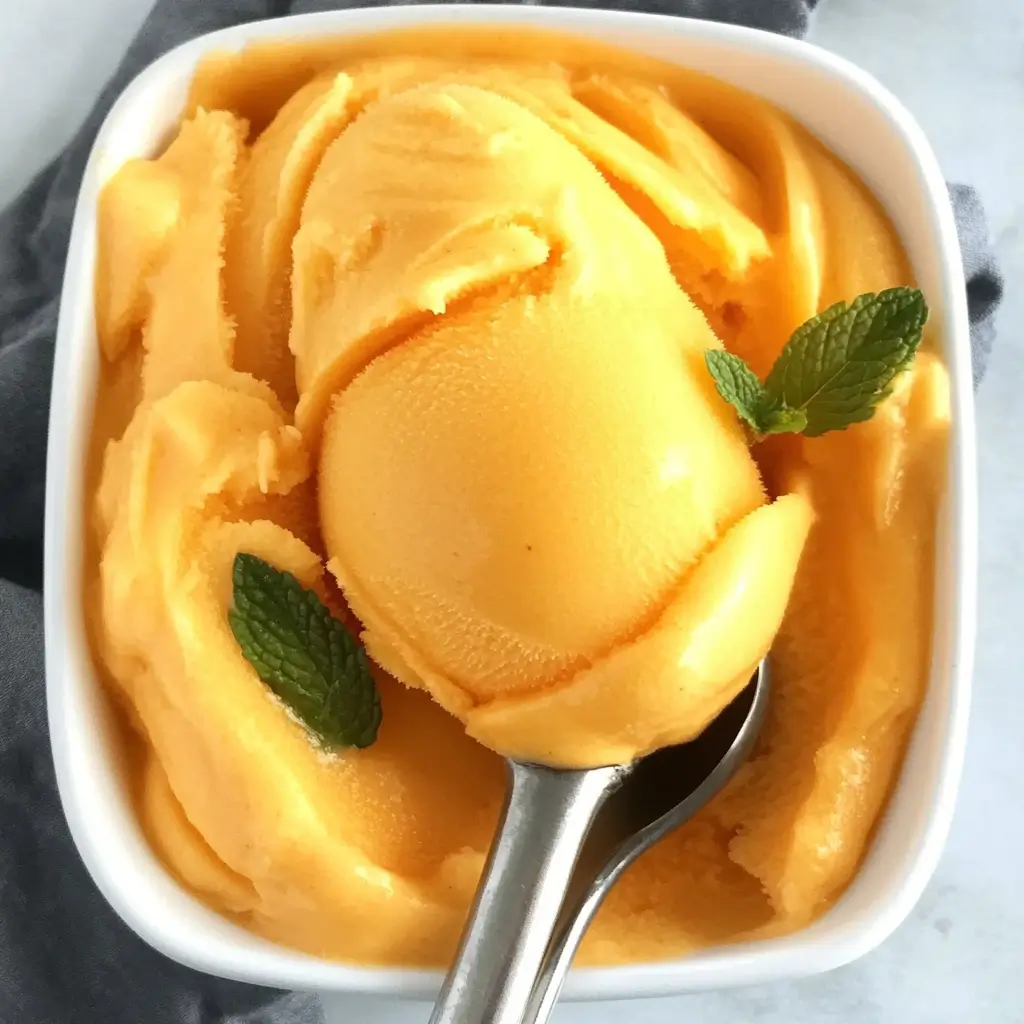 Peach sorbet in a bowl with fresh peach