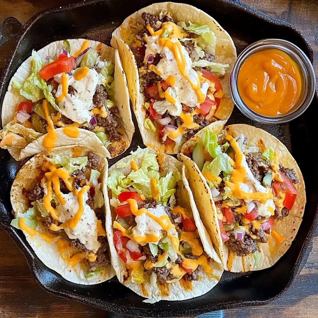 Platter of assembled smash burger tacos
