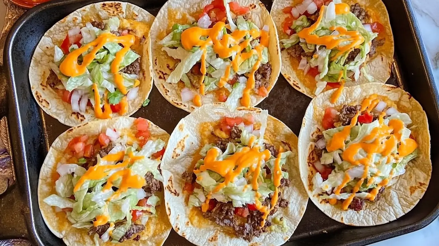Smash burger tacos in skillet with toppings
