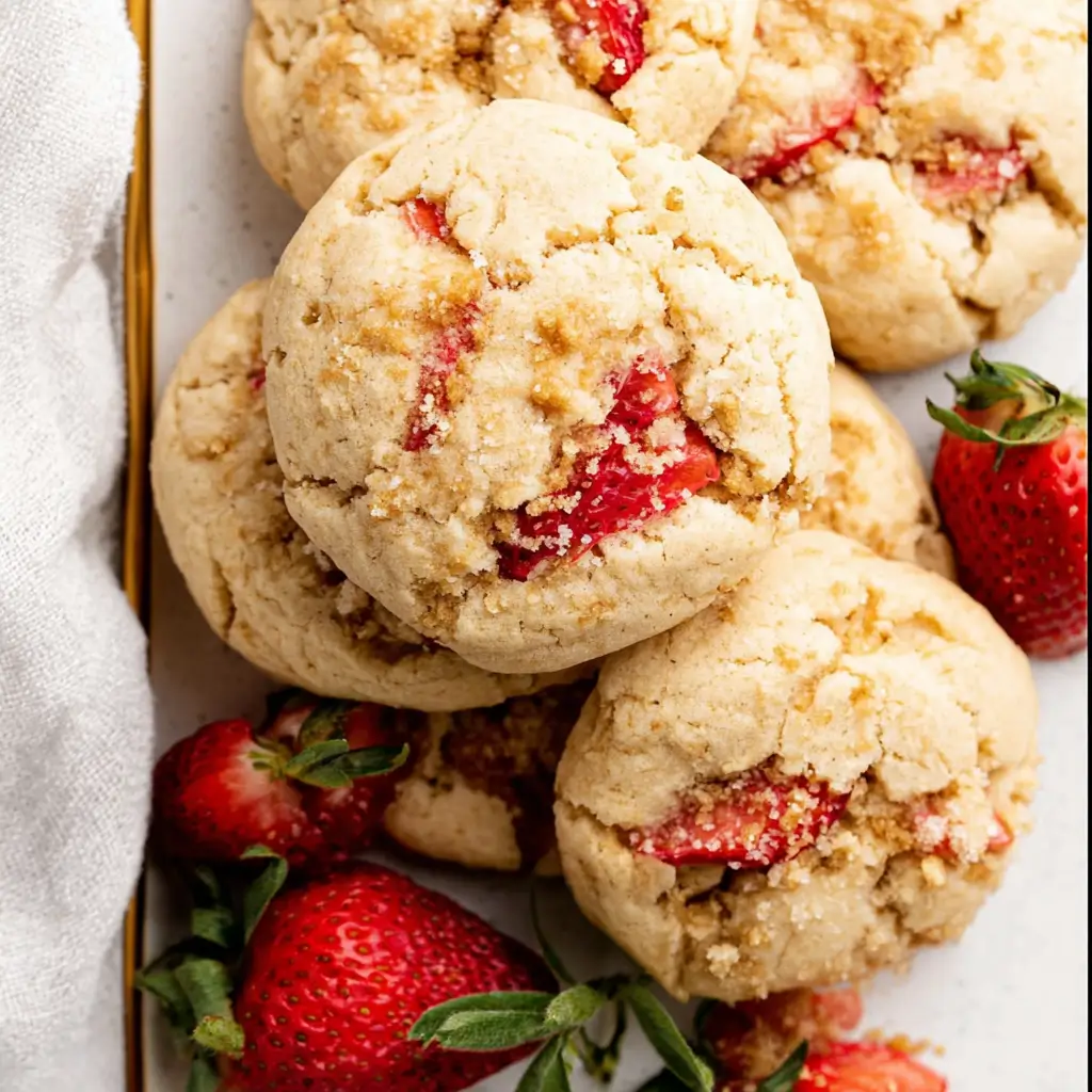 Stack of strawberry shortcake cookies with berry pieces