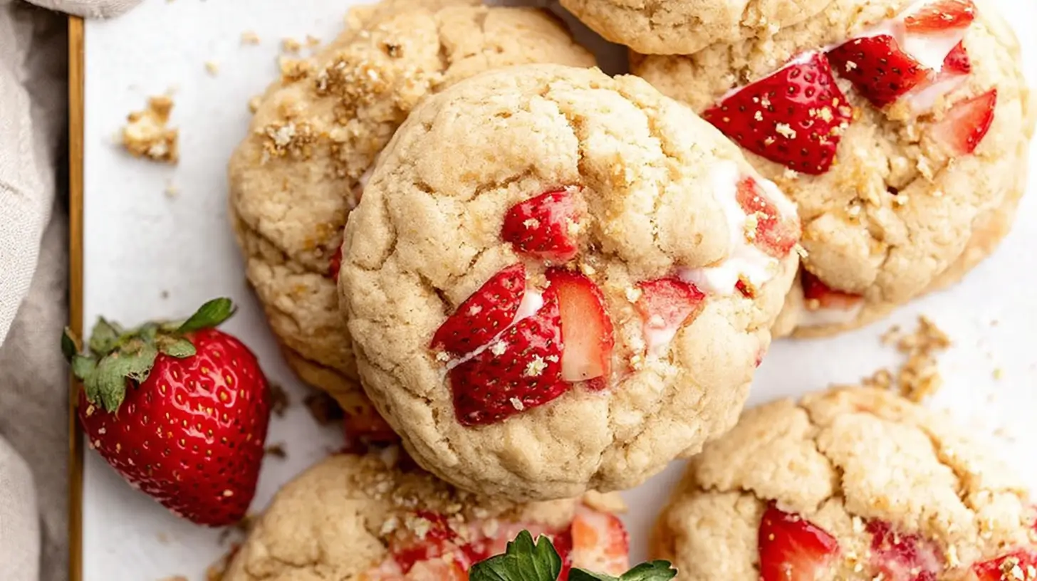 Stack of strawberry shortcake cookies with berry pieces