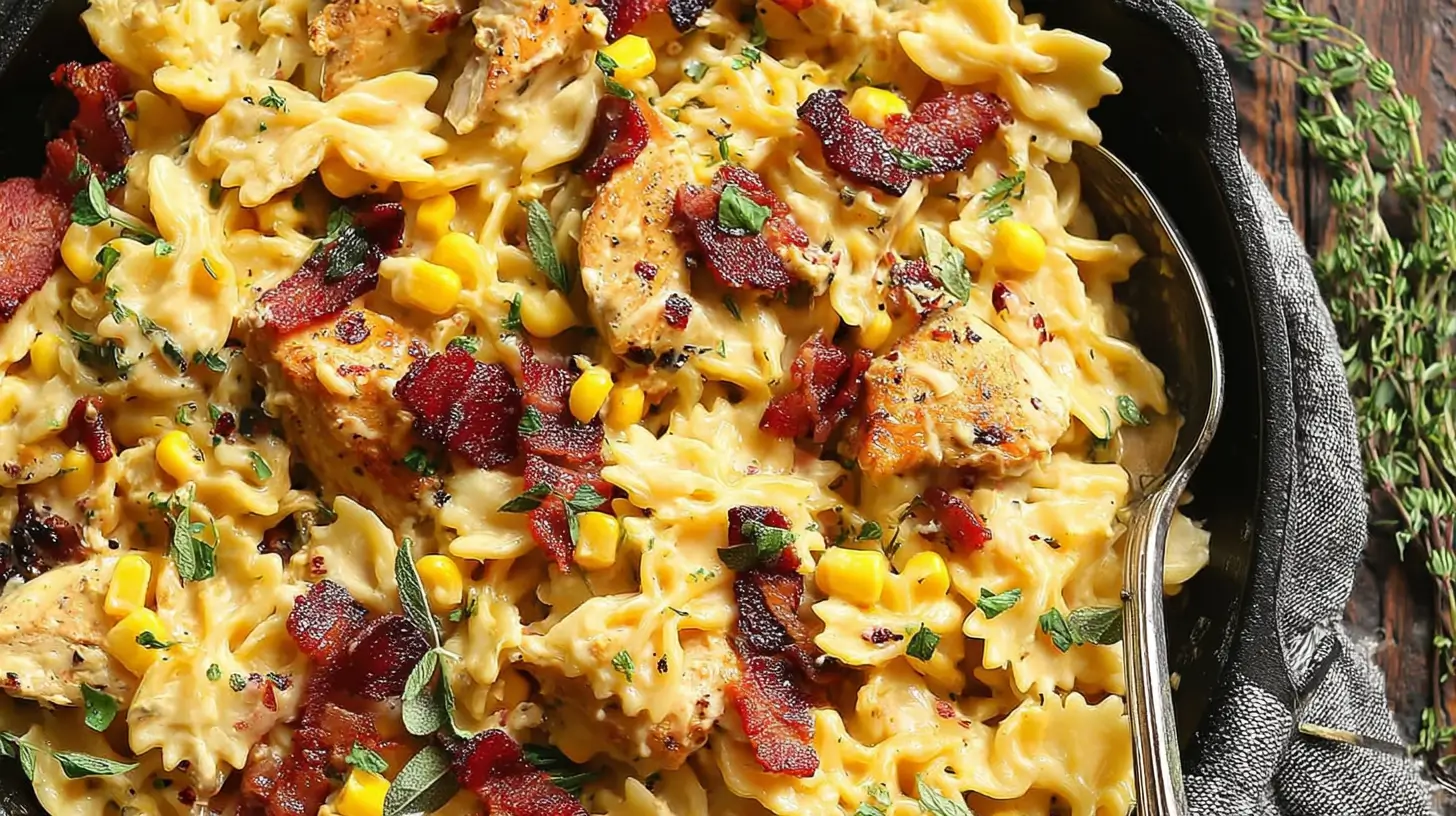 Creamy chicken and corn pasta with bacon in a skillet with parsley garnish