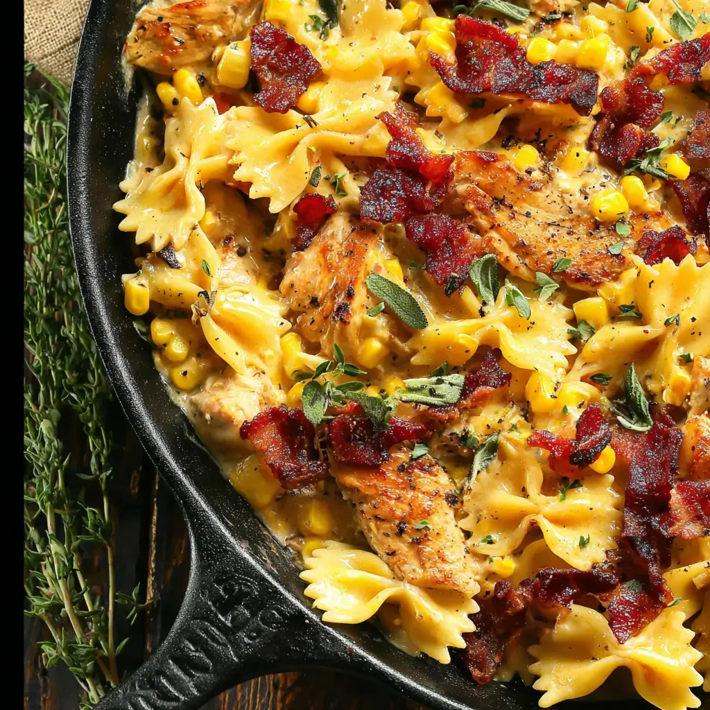 Creamy chicken and corn pasta with bacon in a skillet with parsley garnish