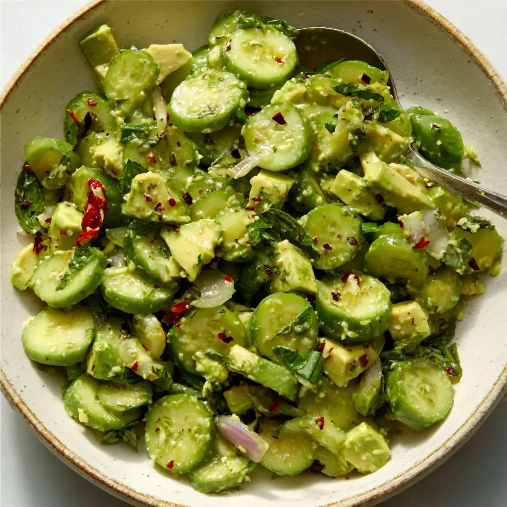 Cucumber avocado salad in a bowl with fresh herbs