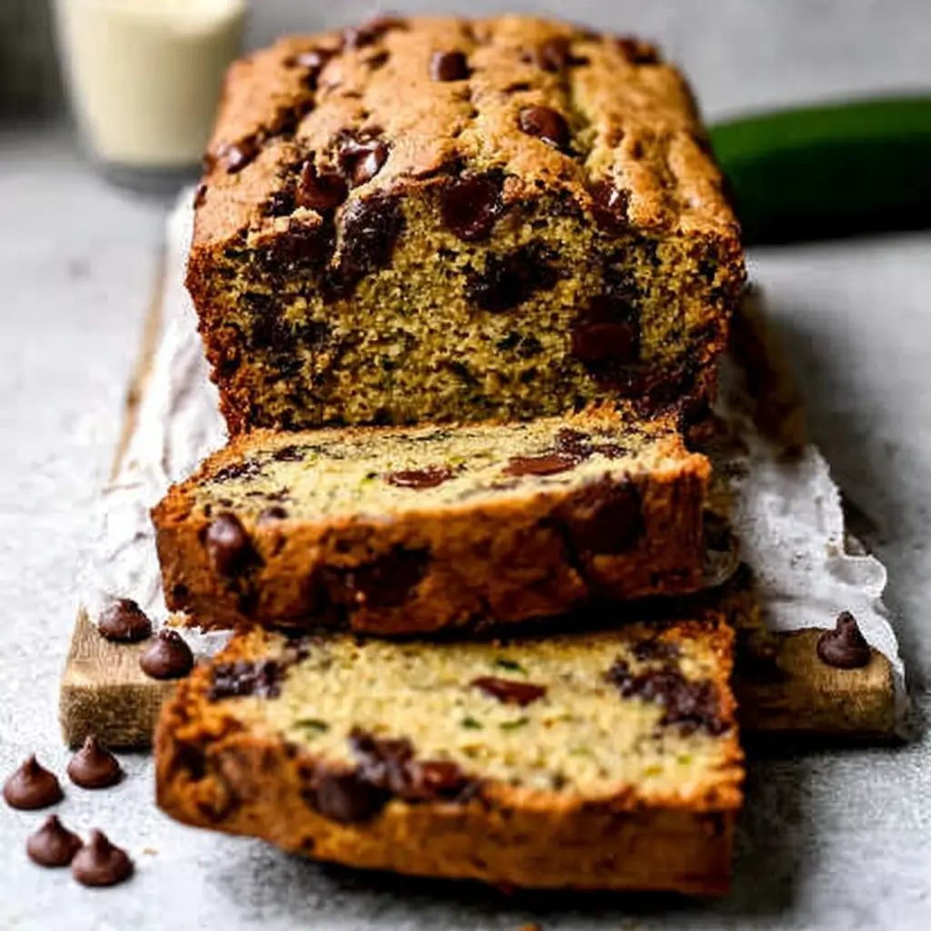 Chocolate chip zucchini bread sliced on a wooden board