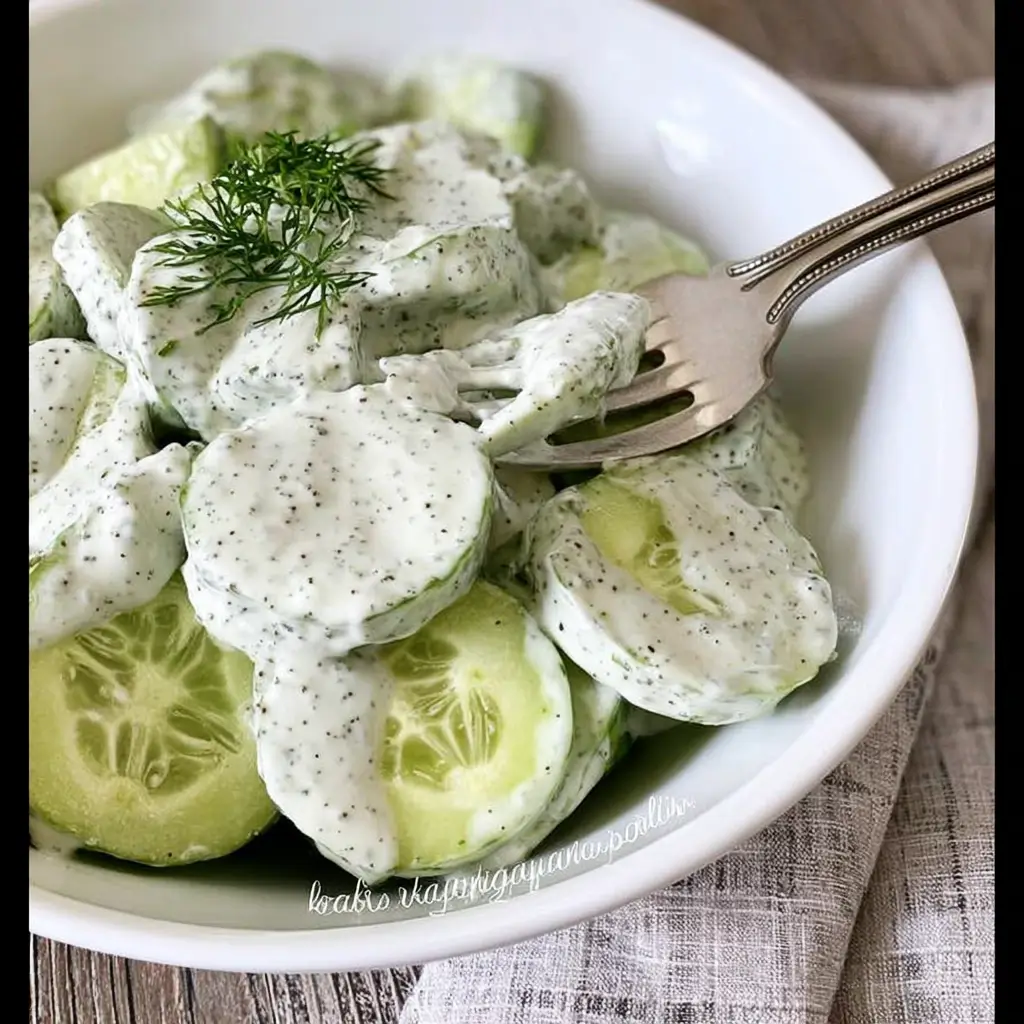 Bowl of creamy cucumber salad garnished with dill and yogurt drizzle