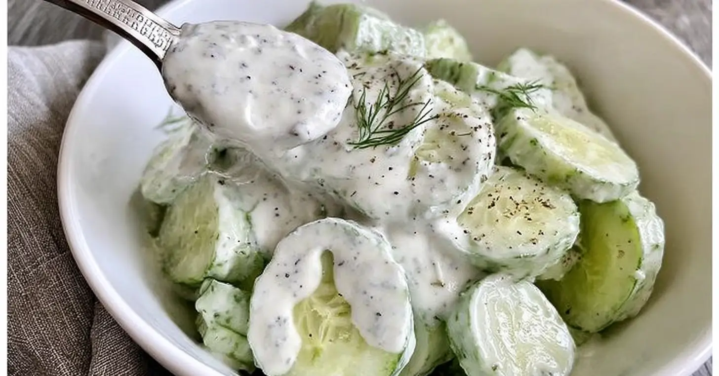 Bowl of creamy cucumber salad garnished with dill and yogurt drizzle