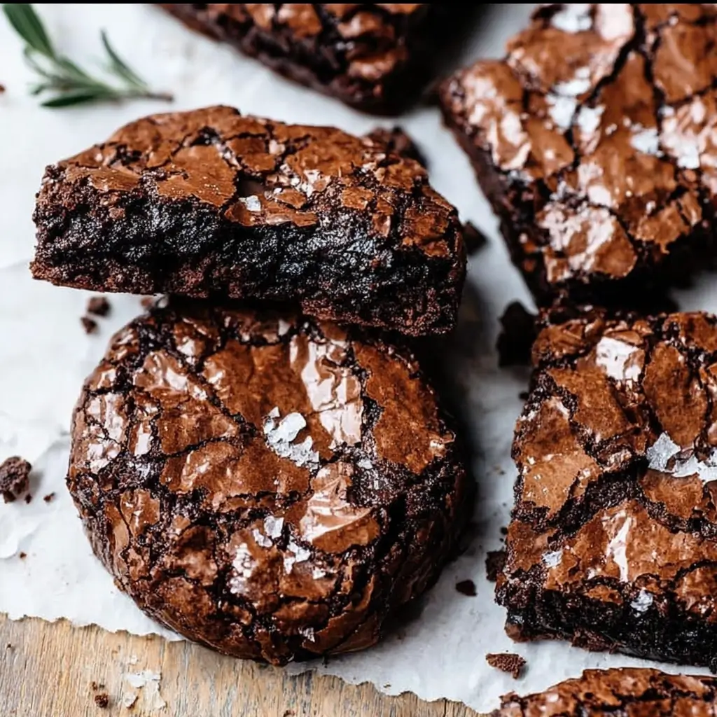 Stack of fudgy chewy browkies with chocolate chips and crackled tops