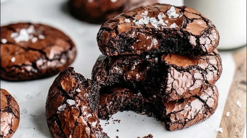 Stack of fudgy chewy browkies with chocolate chips and crackled tops