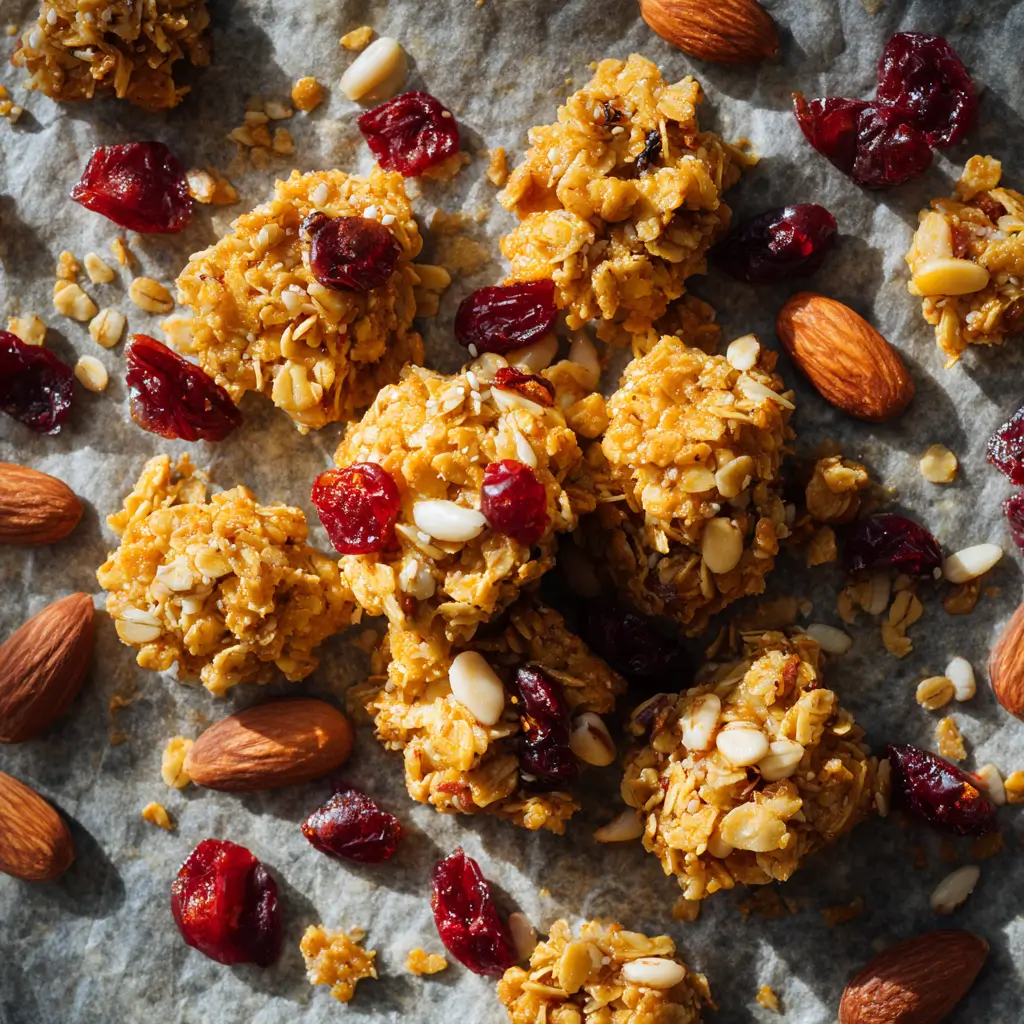 Peanut butter granola clusters with nuts and dried fruit on parchment