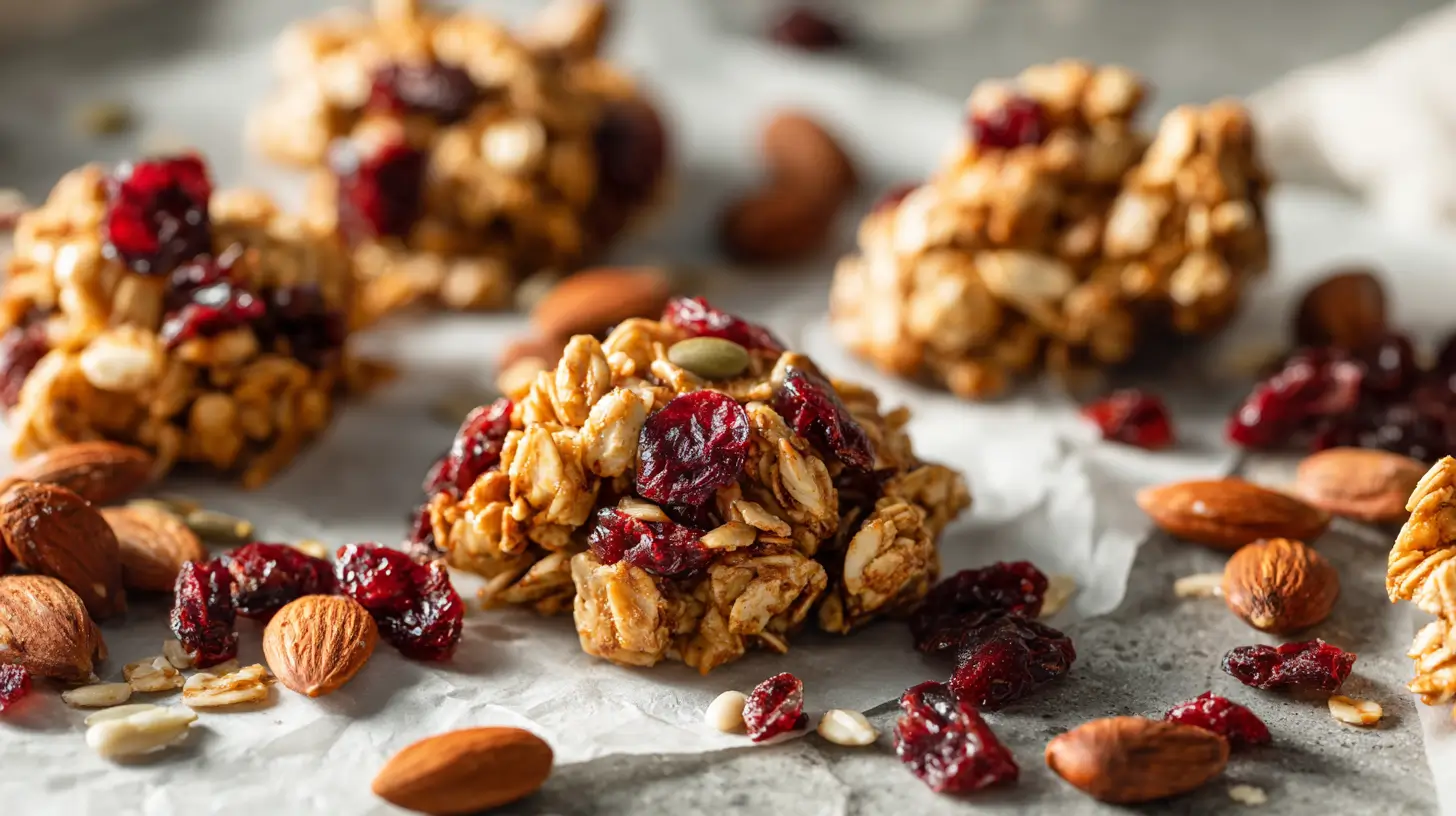 Peanut butter granola clusters with nuts and dried fruit on parchment