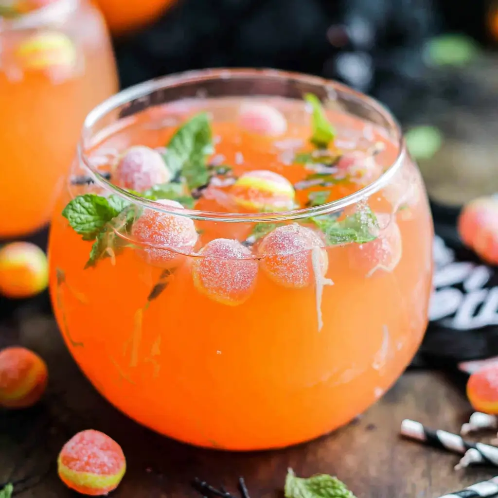 Cauldron bowl of neon Hocus Pocus Punch with gummy eyes