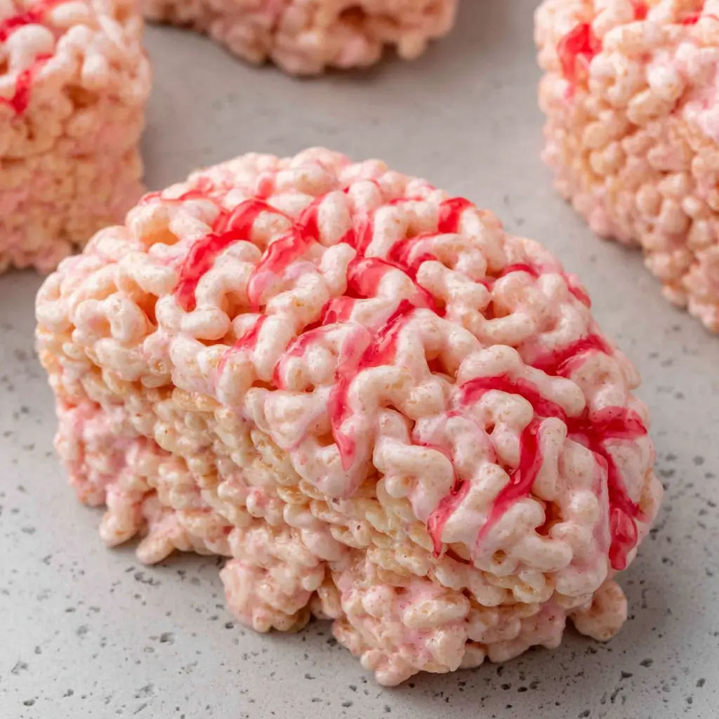 Close-up of one Marshmallow Rice Bubbles Halloween Brain with dripping red gel veins