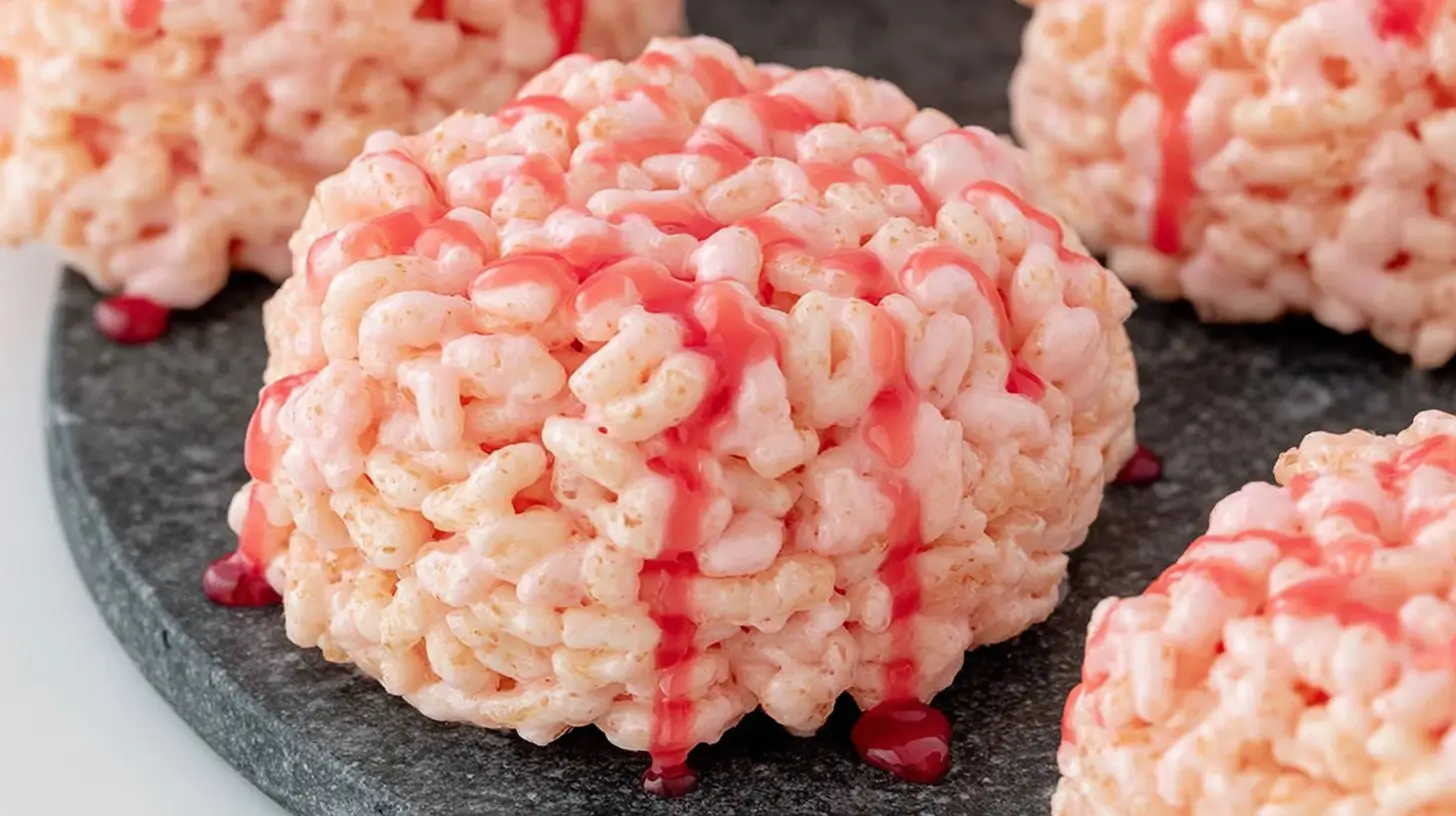 Close-up of one Marshmallow Rice Bubbles Halloween Brain with dripping red gel veins