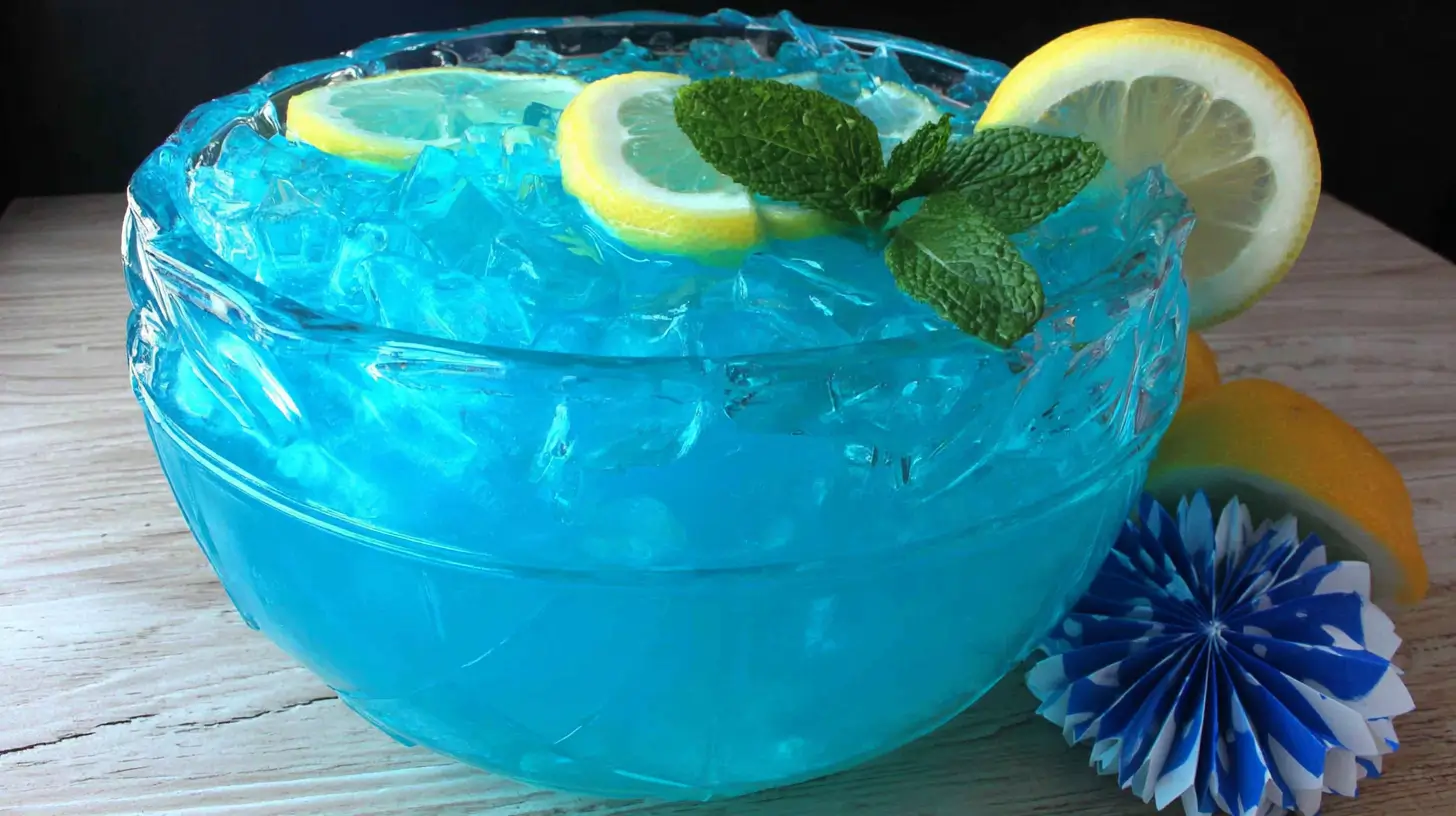 Blue Lemonade Tiffany Punch in crystal bowl with lemon garnish