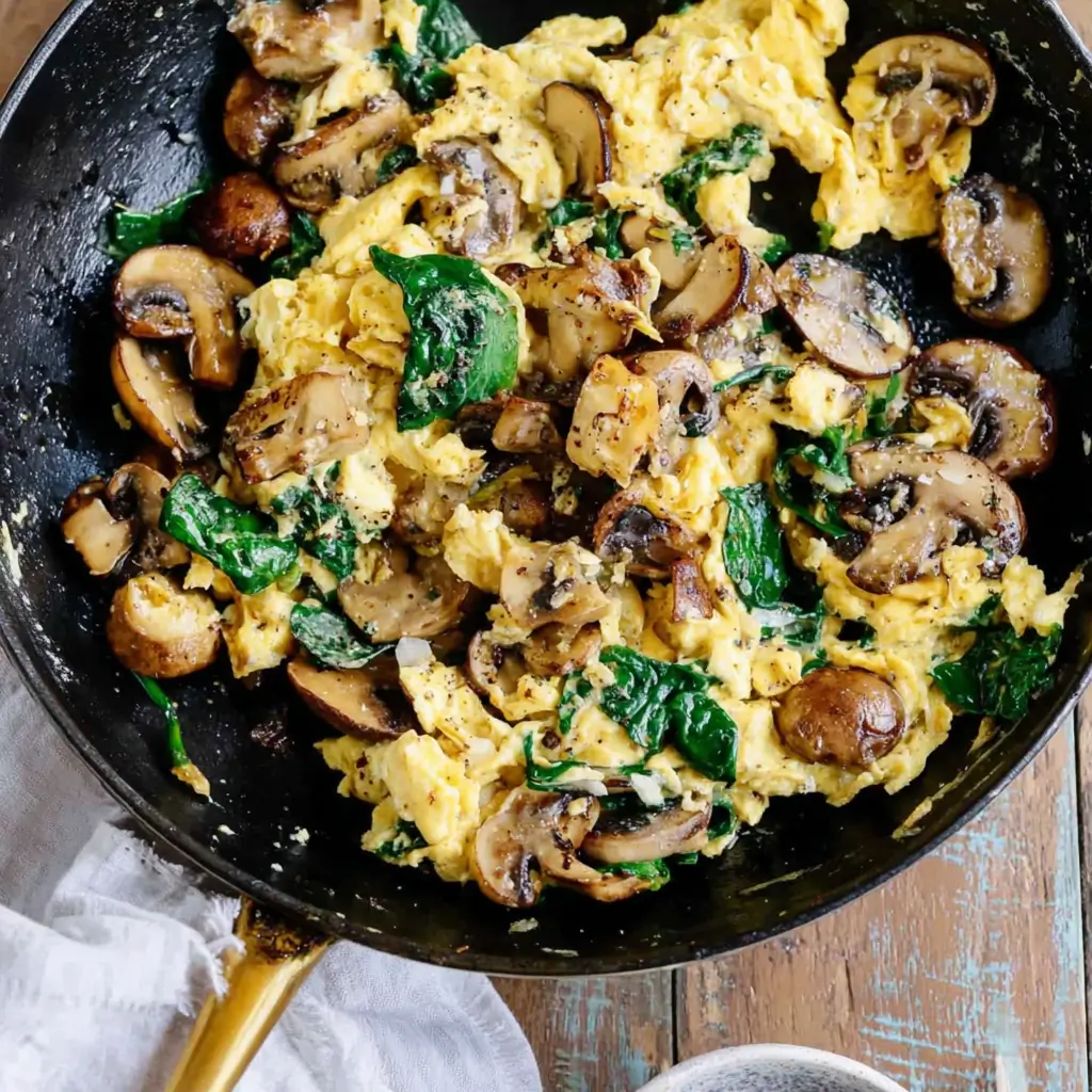 Skillet of Mushroom-Spinach Scrambled Eggs with mushrooms and spinach.