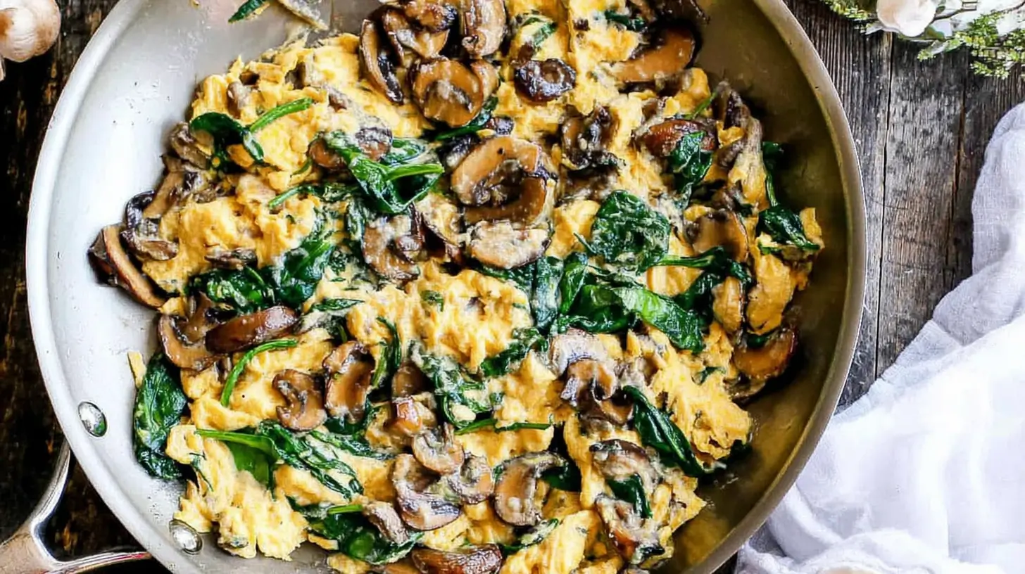 Skillet of Mushroom-Spinach Scrambled Eggs with mushrooms and spinach.