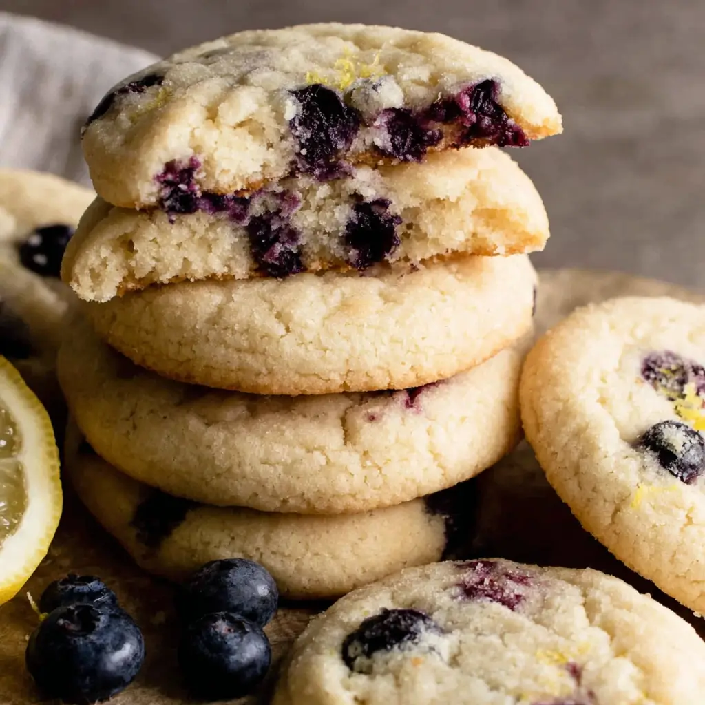 Stack of Lemon Blueberry Cookies with blueberries and lemon zest