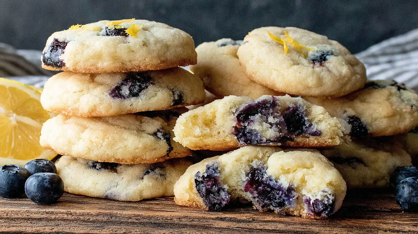 Stack of Lemon Blueberry Cookies with blueberries and lemon zest