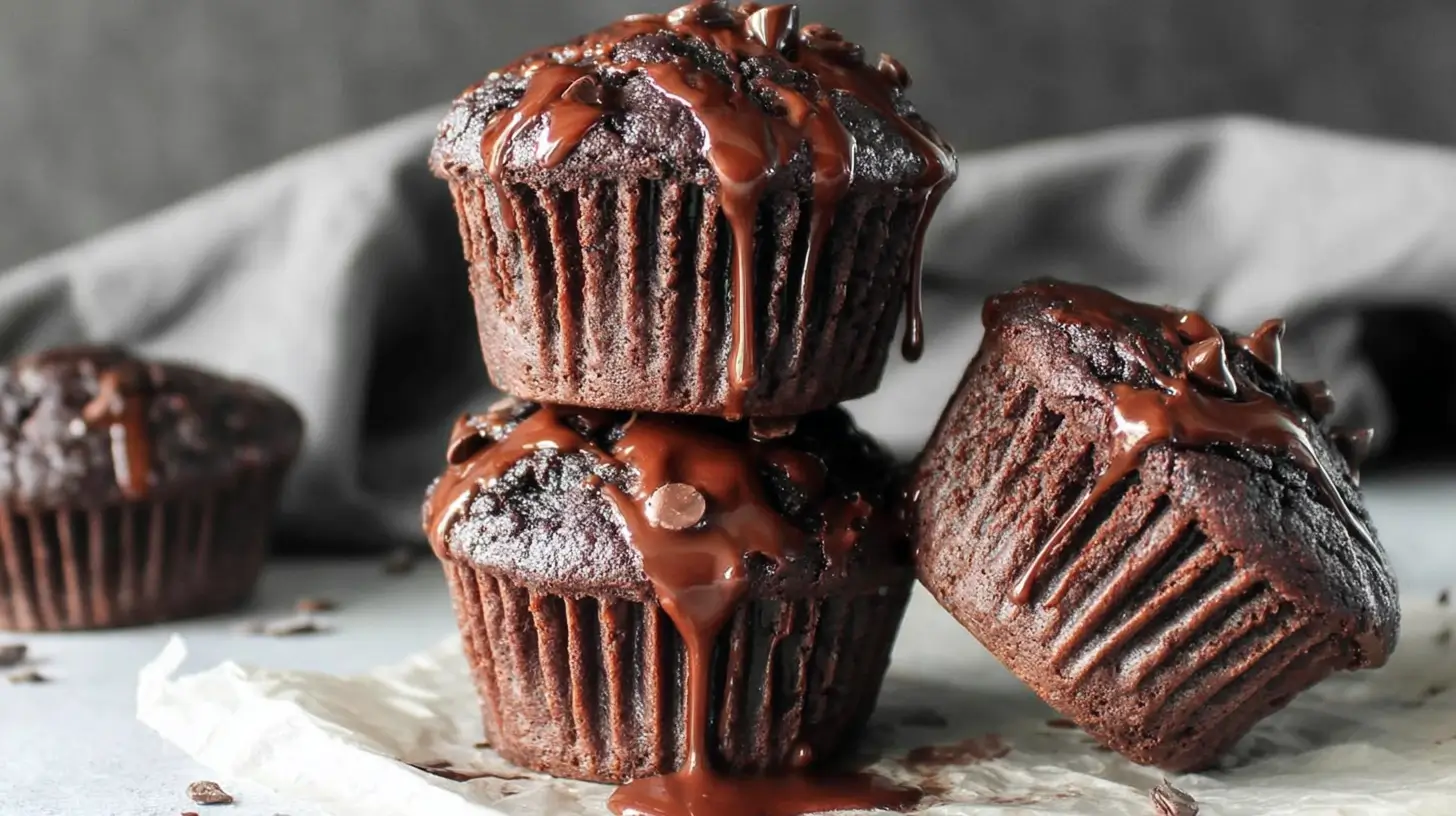 Stack of three double chocolate chip muffins showing glossy tops and melty chips.