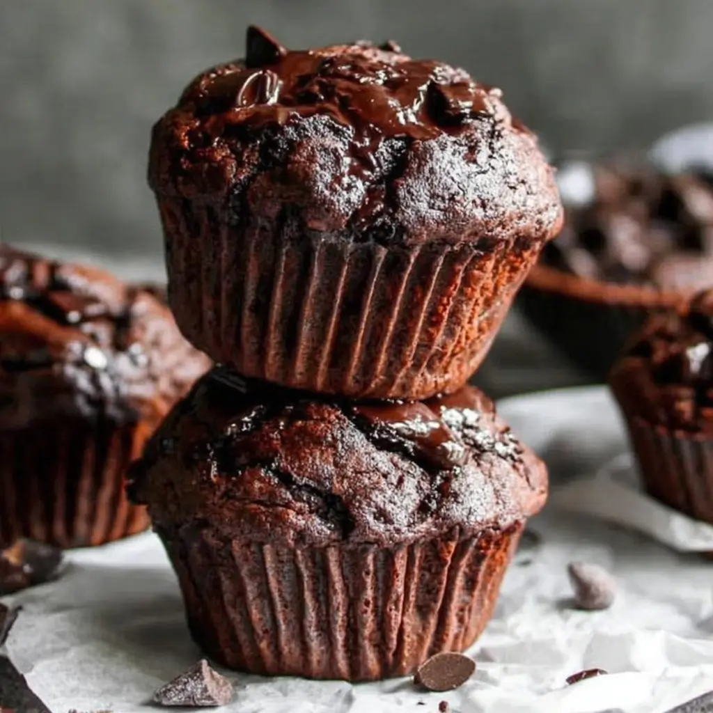 Stack of three double chocolate chip muffins showing glossy tops and melty chips.