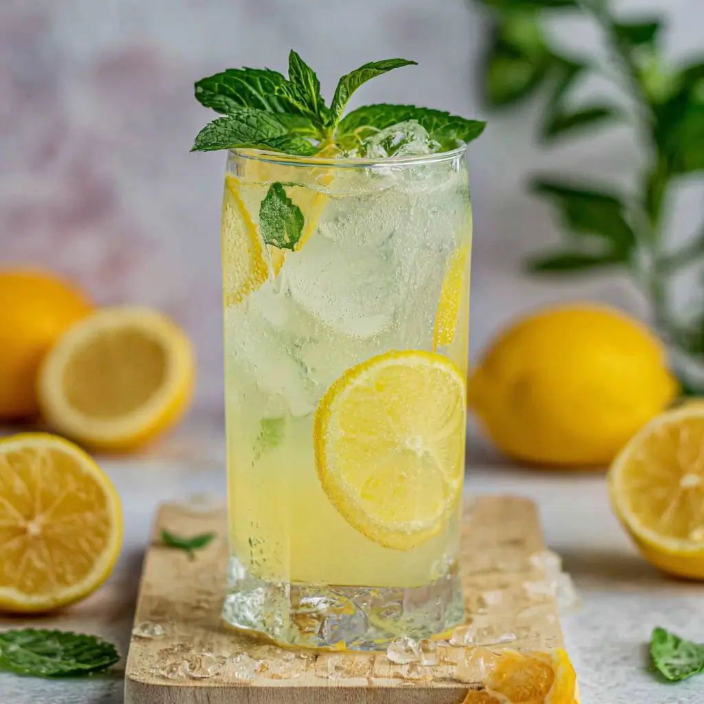 Glass of sparkling lemon soda with mint and lemon wheel
