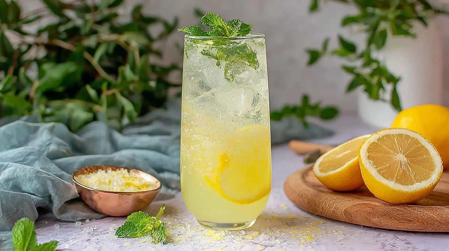 Glass of sparkling lemon soda with mint and lemon wheel