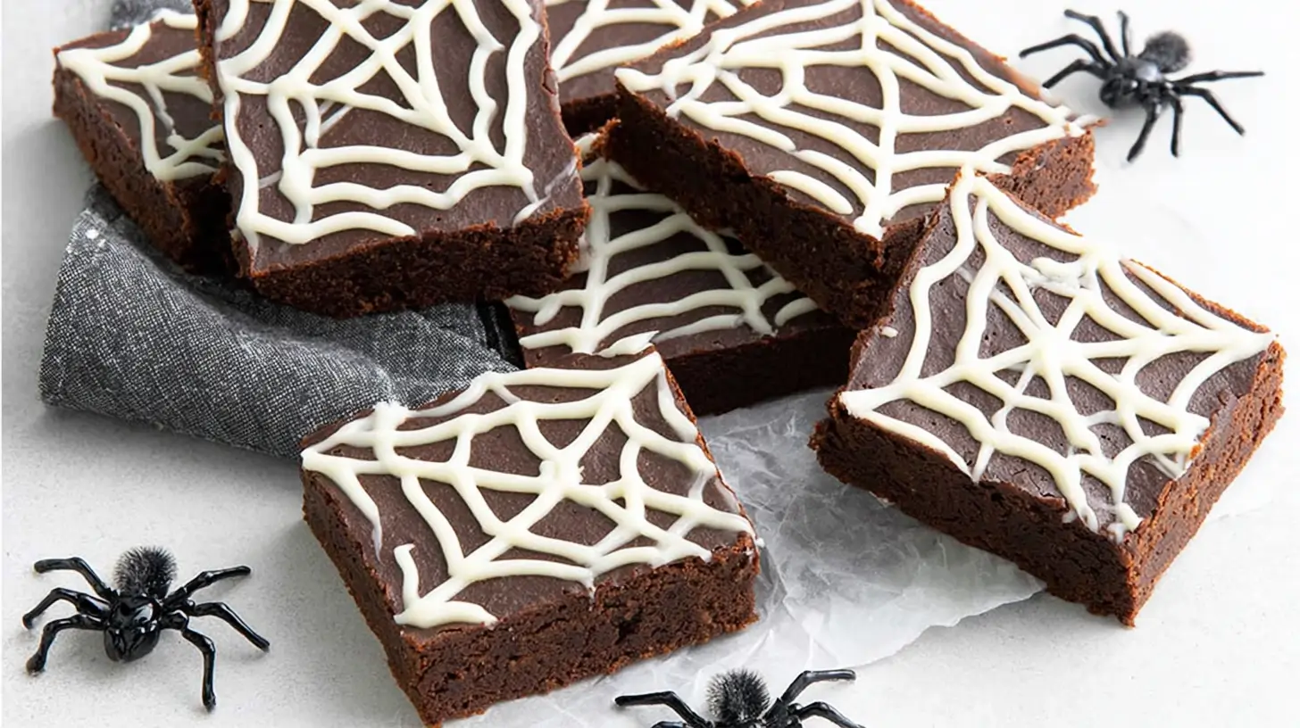 Spider web Halloween brownies with white icing webs on chocolate brownies.