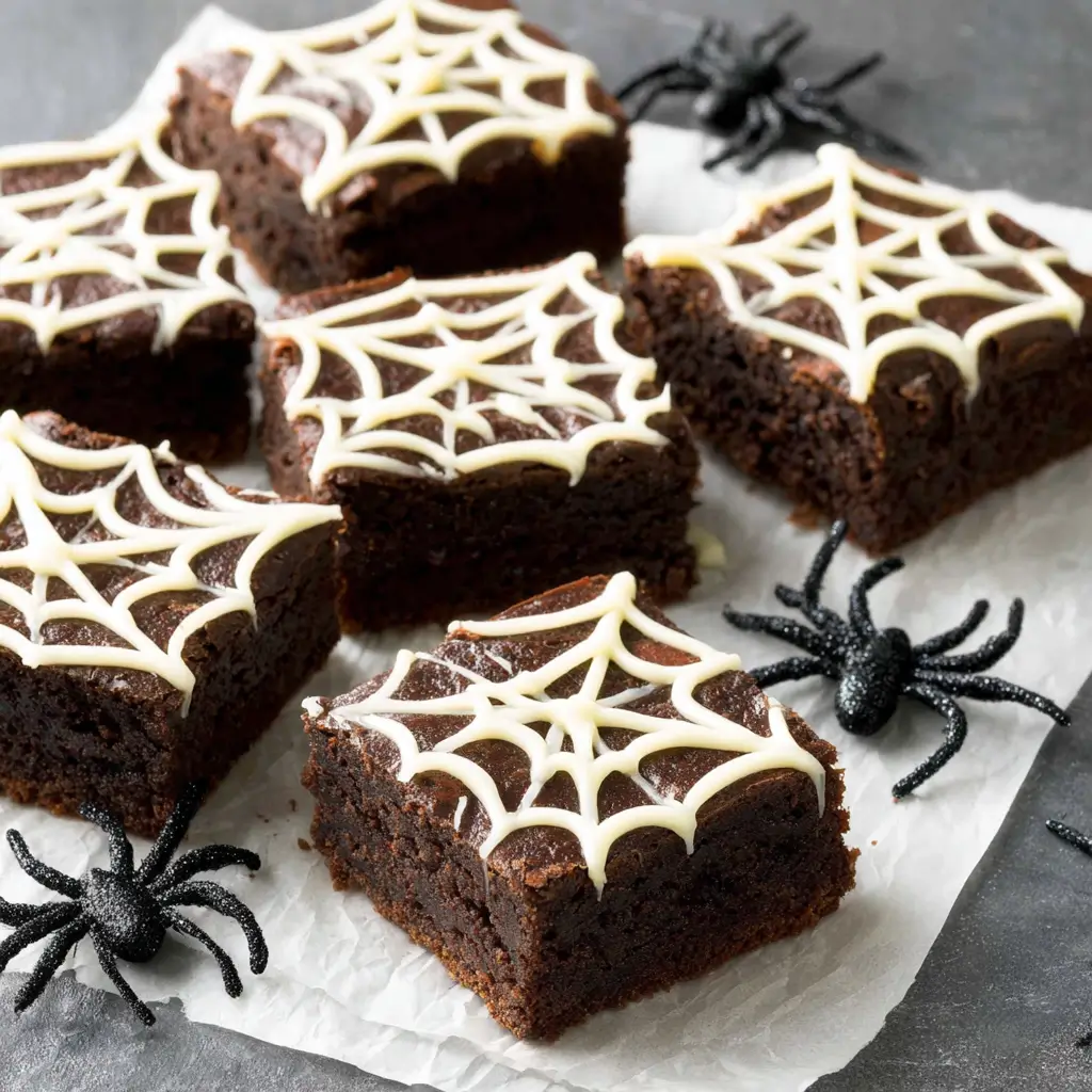 Spider web Halloween brownies with white icing webs on chocolate brownies.