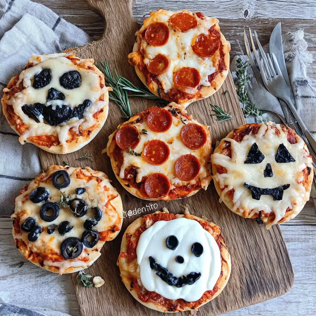 Halloween mini pizzas decorated as mummies, spiders, and jack-o'-lanterns on a spooky serving board.