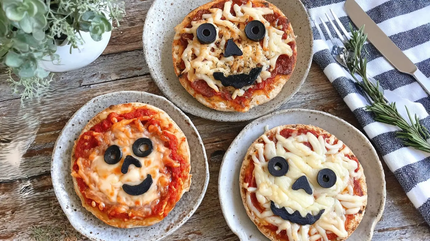 Halloween mini pizzas decorated as mummies, spiders, and jack-o'-lanterns on a spooky serving board.