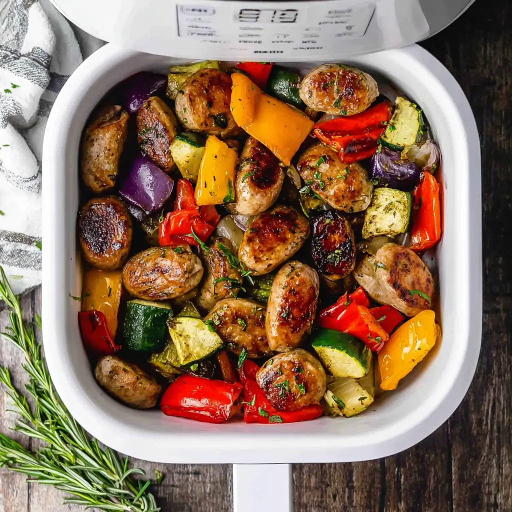 Air fryer basket with chicken sausage and mixed vegetables crisped to golden brown.