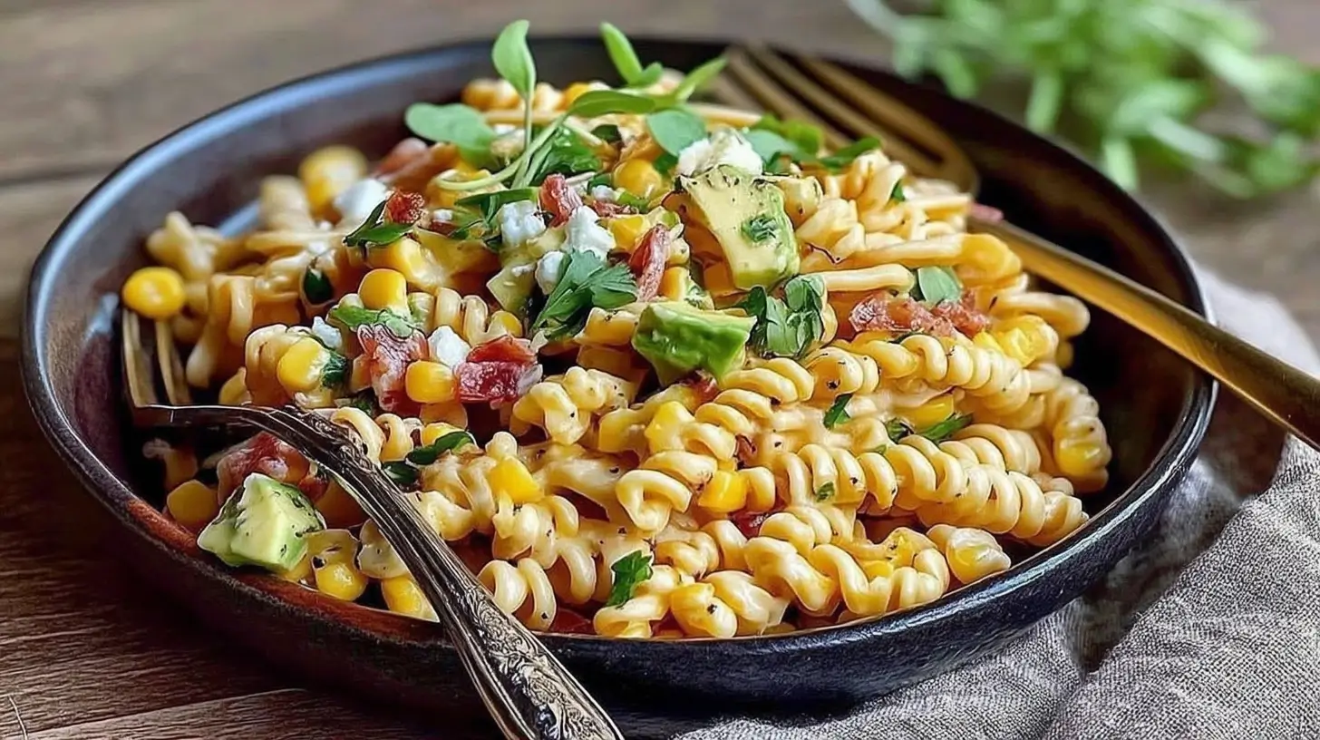 Bowl of Mexican Street Corn Pasta Salad with charred corn and colorful veggies.