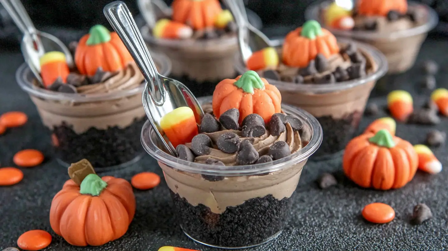 Fun Halloween dirt cups with Oreo crumbs and gummy worms