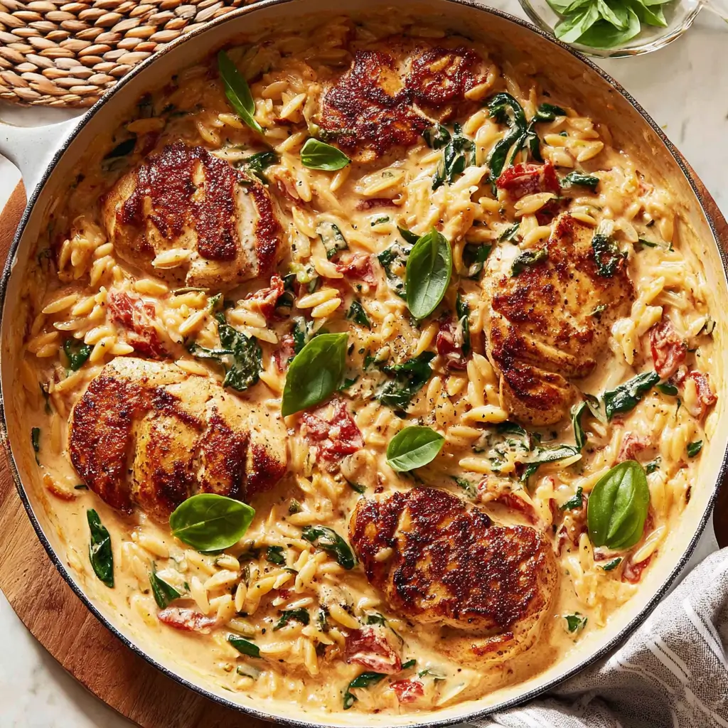 Marry me chicken orzo in one pan with golden chicken