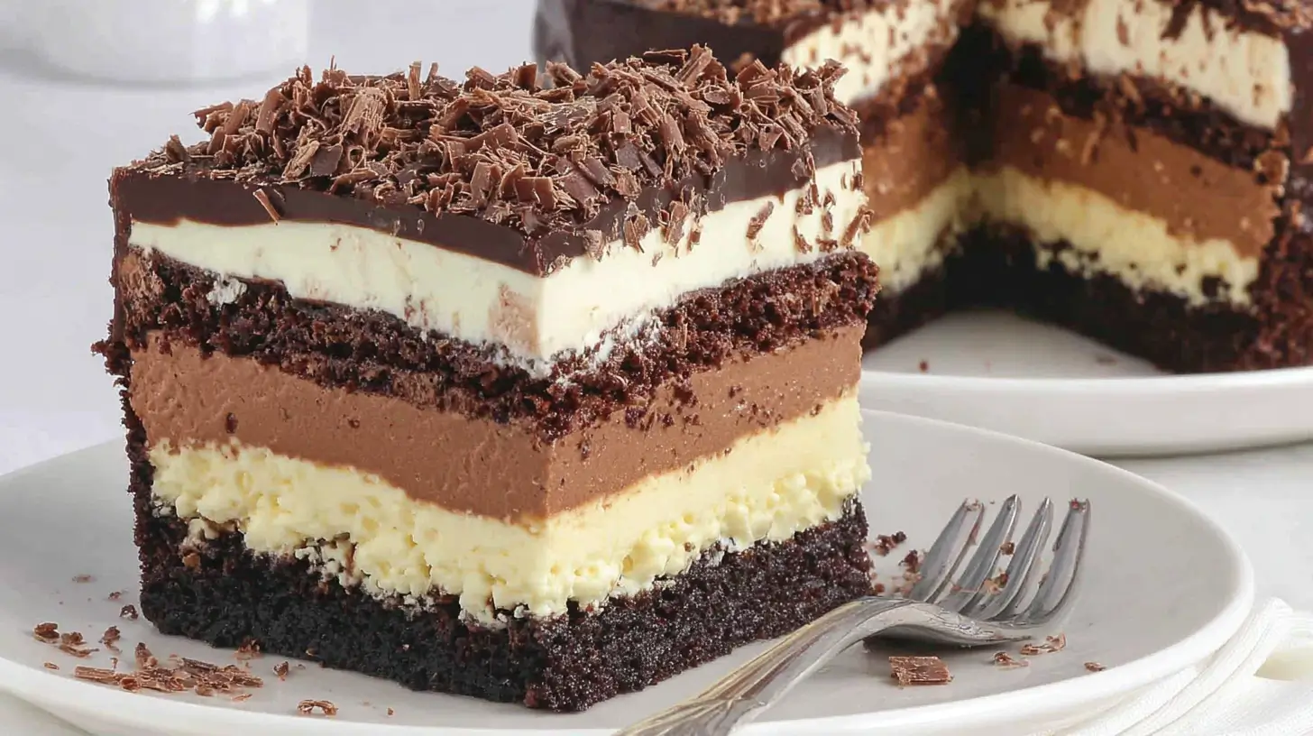 Slice of tuxedo cake showing three chocolate mousse layers between chocolate cake.