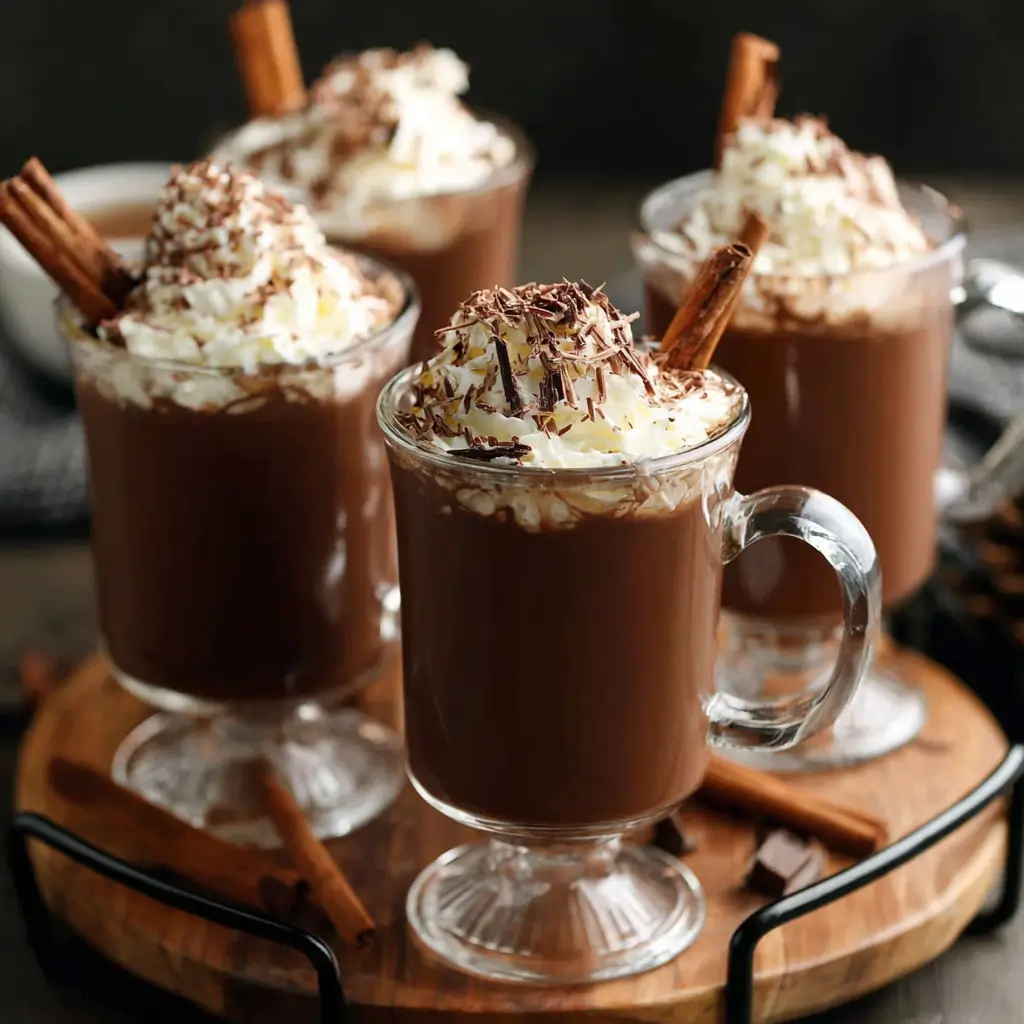 Four mugs of creamy hot chocolate with whipped cream and chocolate shavings on wooden tray