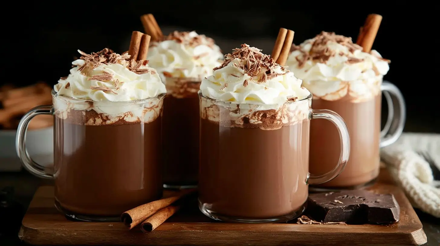 Four mugs of creamy hot chocolate with whipped cream and chocolate shavings on wooden tray