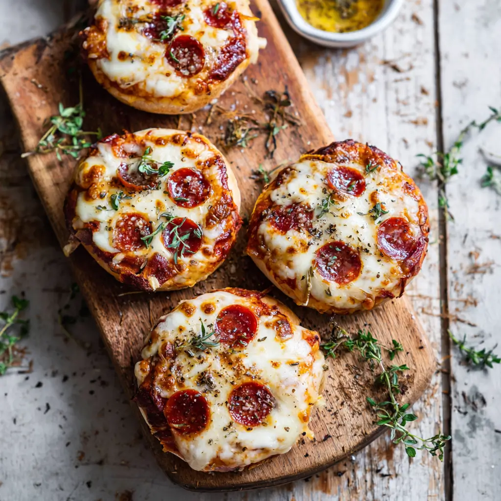 Air fryer bagel pizzas with melted cheese and pepperoni on a wooden cutting board