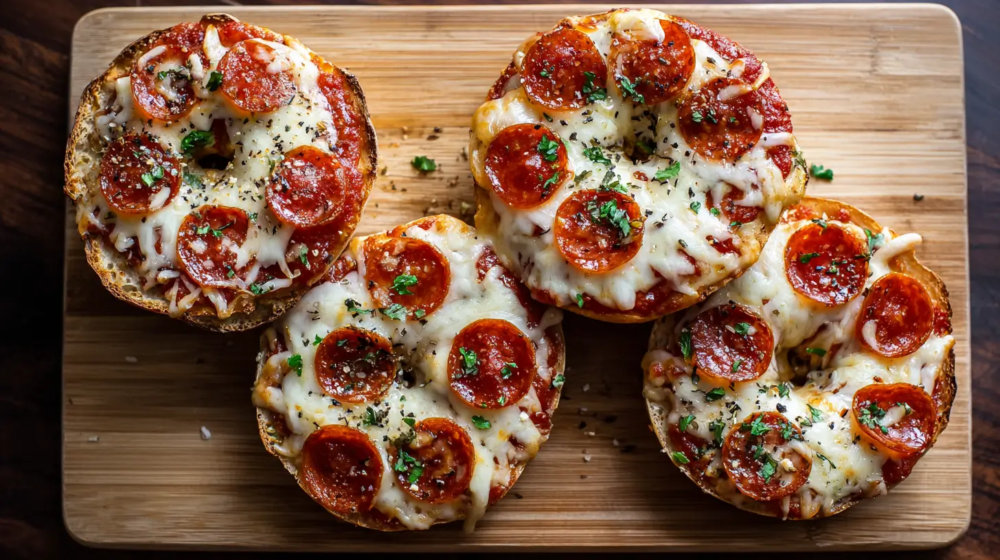 Air fryer bagel pizzas with melted cheese and pepperoni on a wooden cutting board
