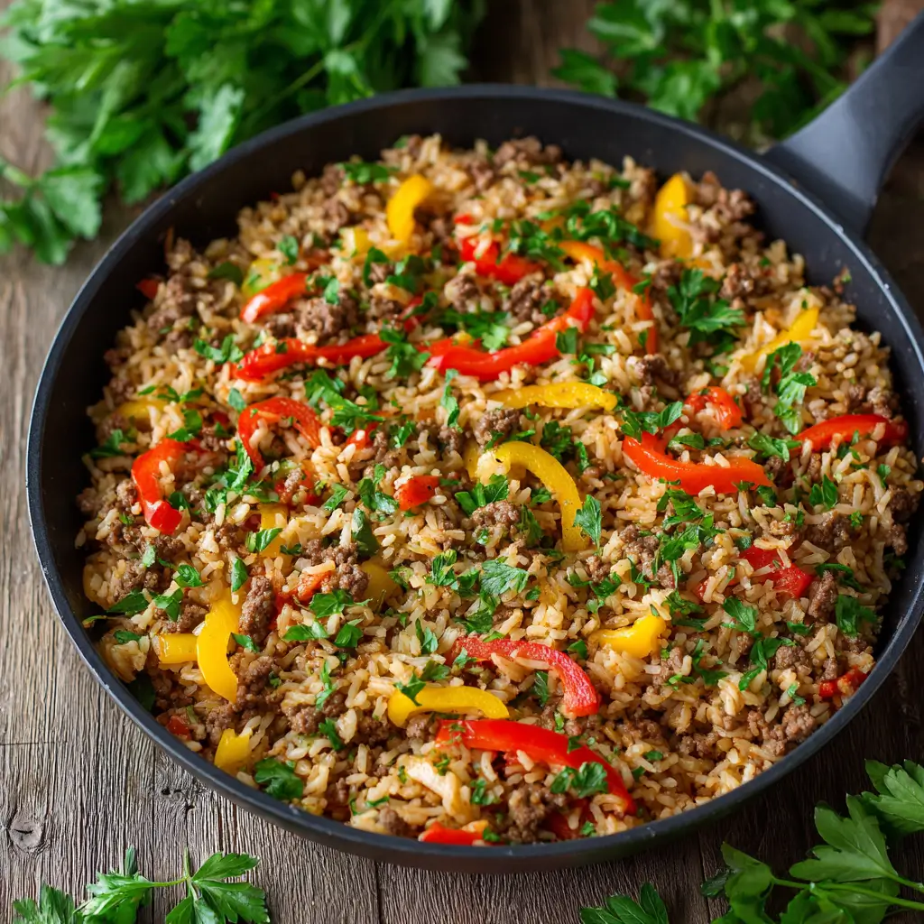 Beef and Rice Skillet in cast-iron pan with vibrant veggies