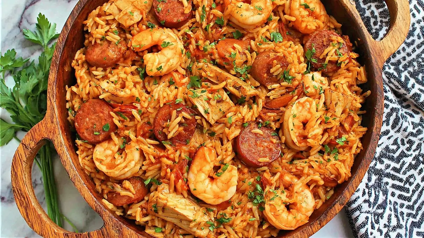 Bowl of jambalaya with sausage, shrimp, and chicken