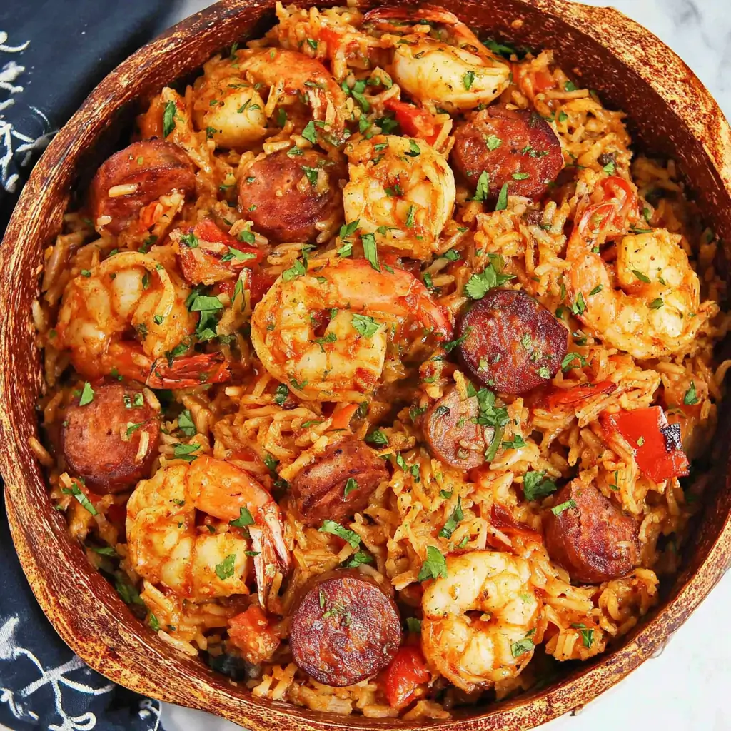 Bowl of jambalaya with sausage, shrimp, and chicken