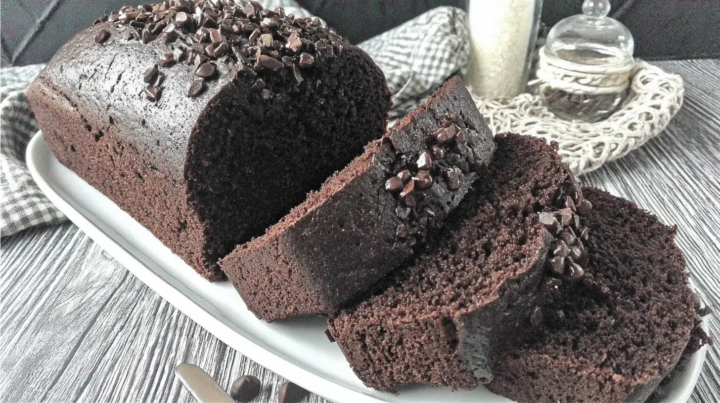 Slice of Bizcocho de Chocolate with moist crumb and chocolate chips on a white plate, styled on a rustic wooden table under soft, warm lighting.
