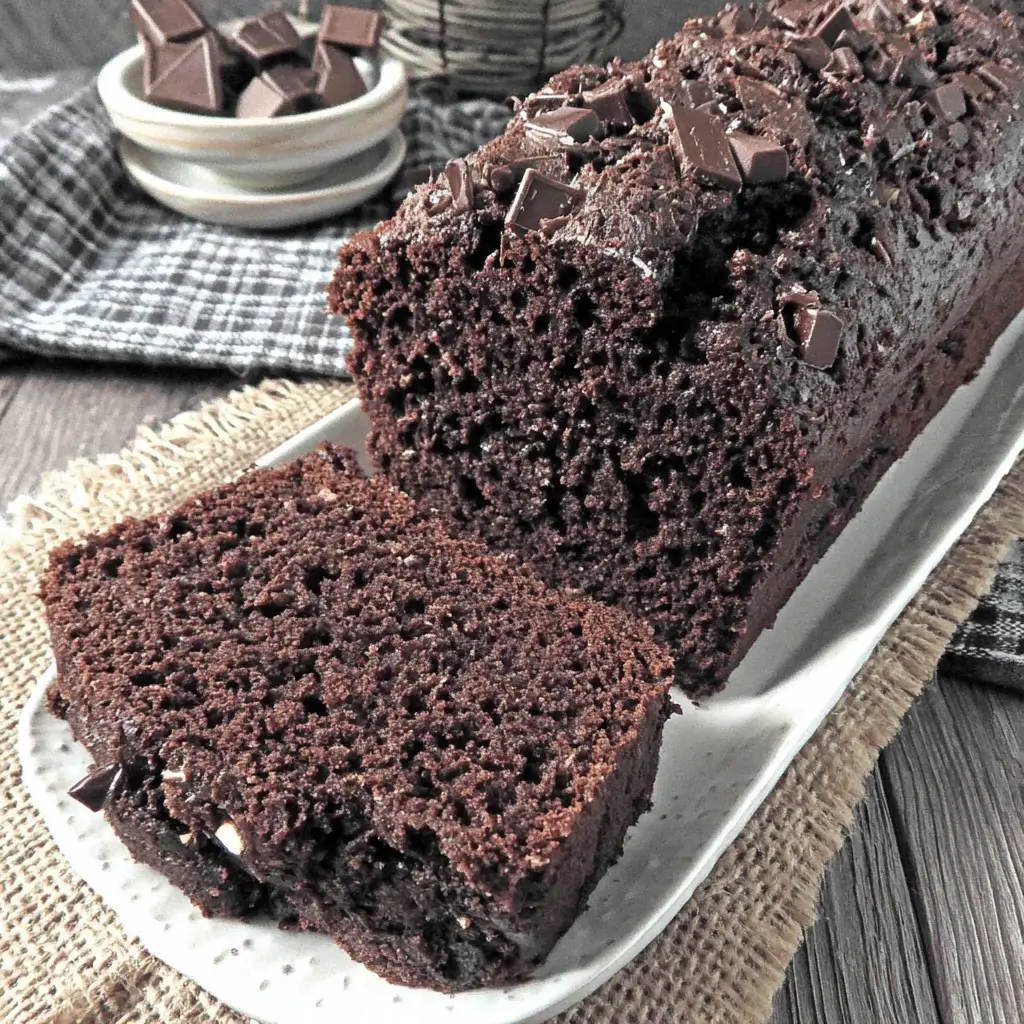 Slice of Bizcocho de Chocolate with moist crumb and chocolate chips on a white plate, styled on a rustic wooden table under soft, warm lighting.