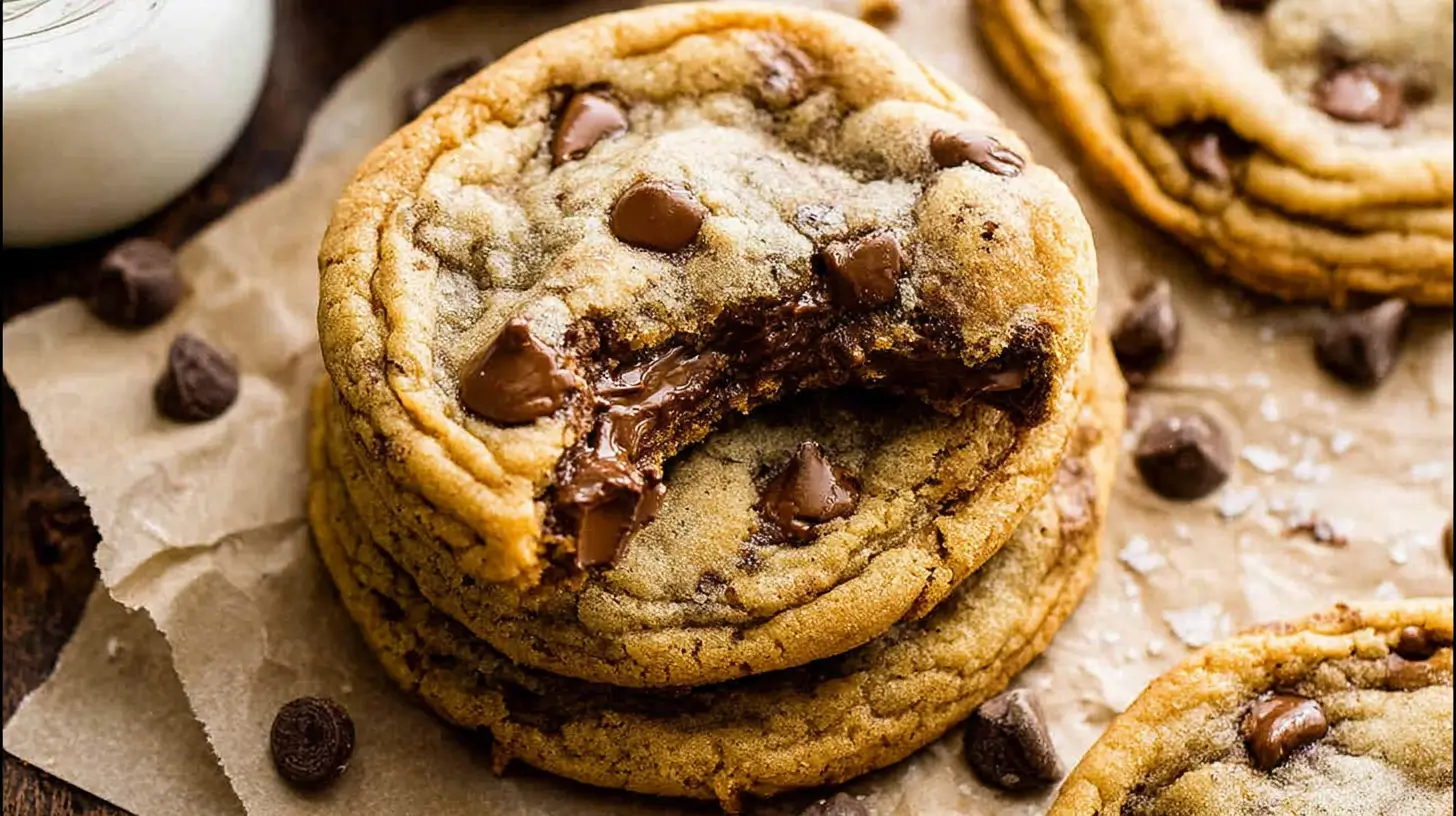 Stack of three chewy brown butter chocolate chip cookies with golden edges and melted chocolate chips on parchment paper.